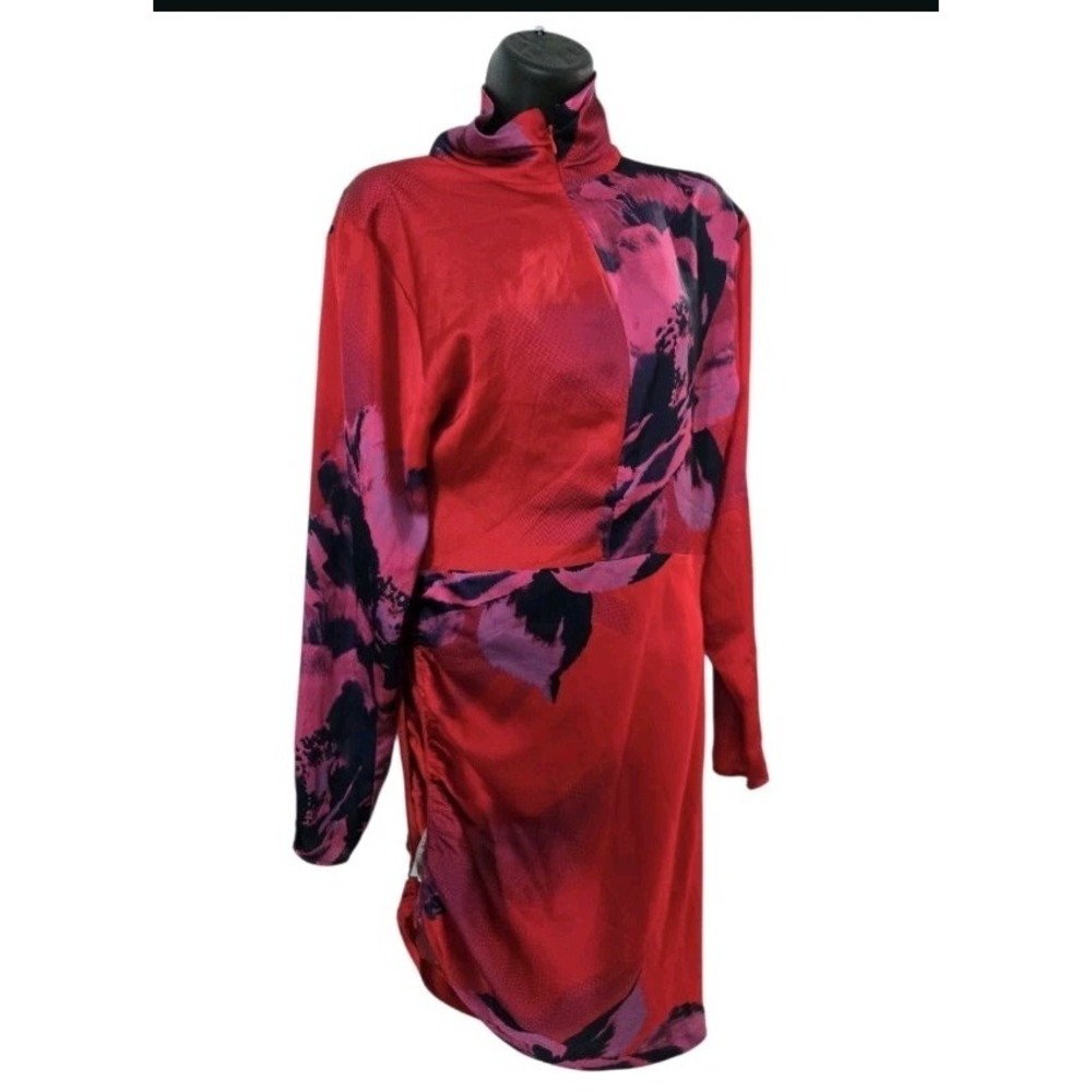 Marciano‎ Guess Floral Mock Neck Ruched Mini Dress Red Magenta NWT Size M FLAW